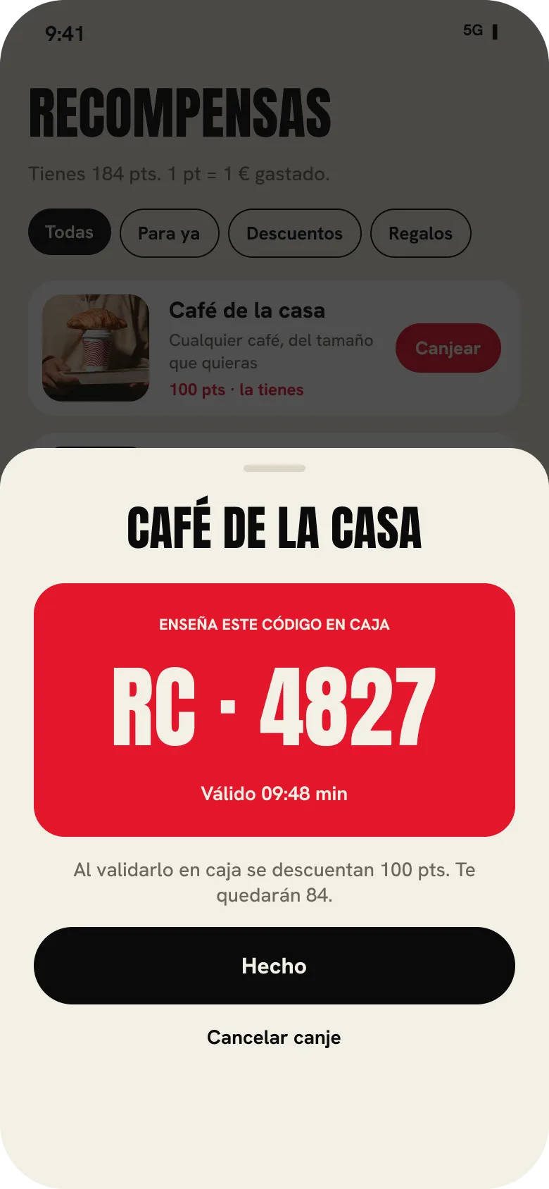 Código de canje para enseñar en caja