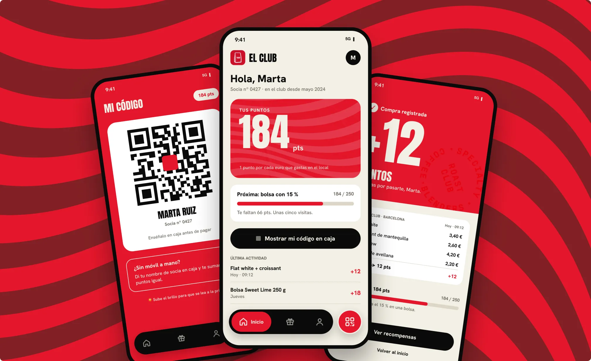 Tres pantallas de la app: mi código, inicio con 184 puntos y compra registrada