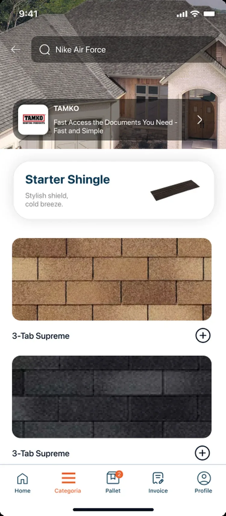 Catálogo de shingle por marca en la app de SYL