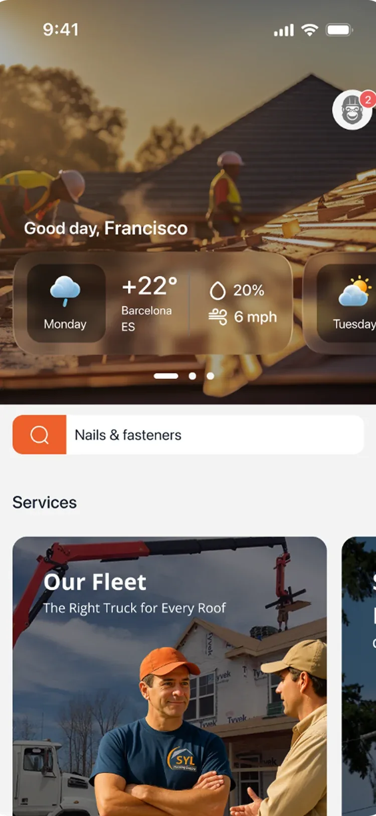 Pantalla de inicio de la app con el saludo y el tiempo de la obra