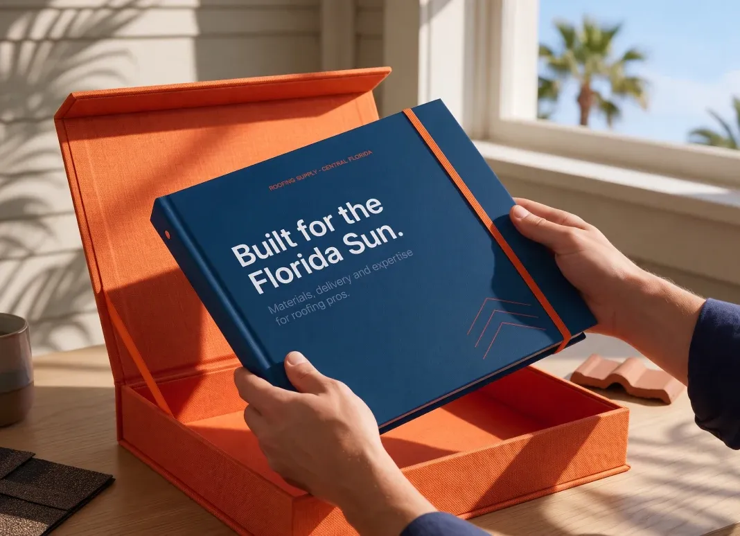 Libro «Built for the Florida Sun» saliendo de su caja naranja