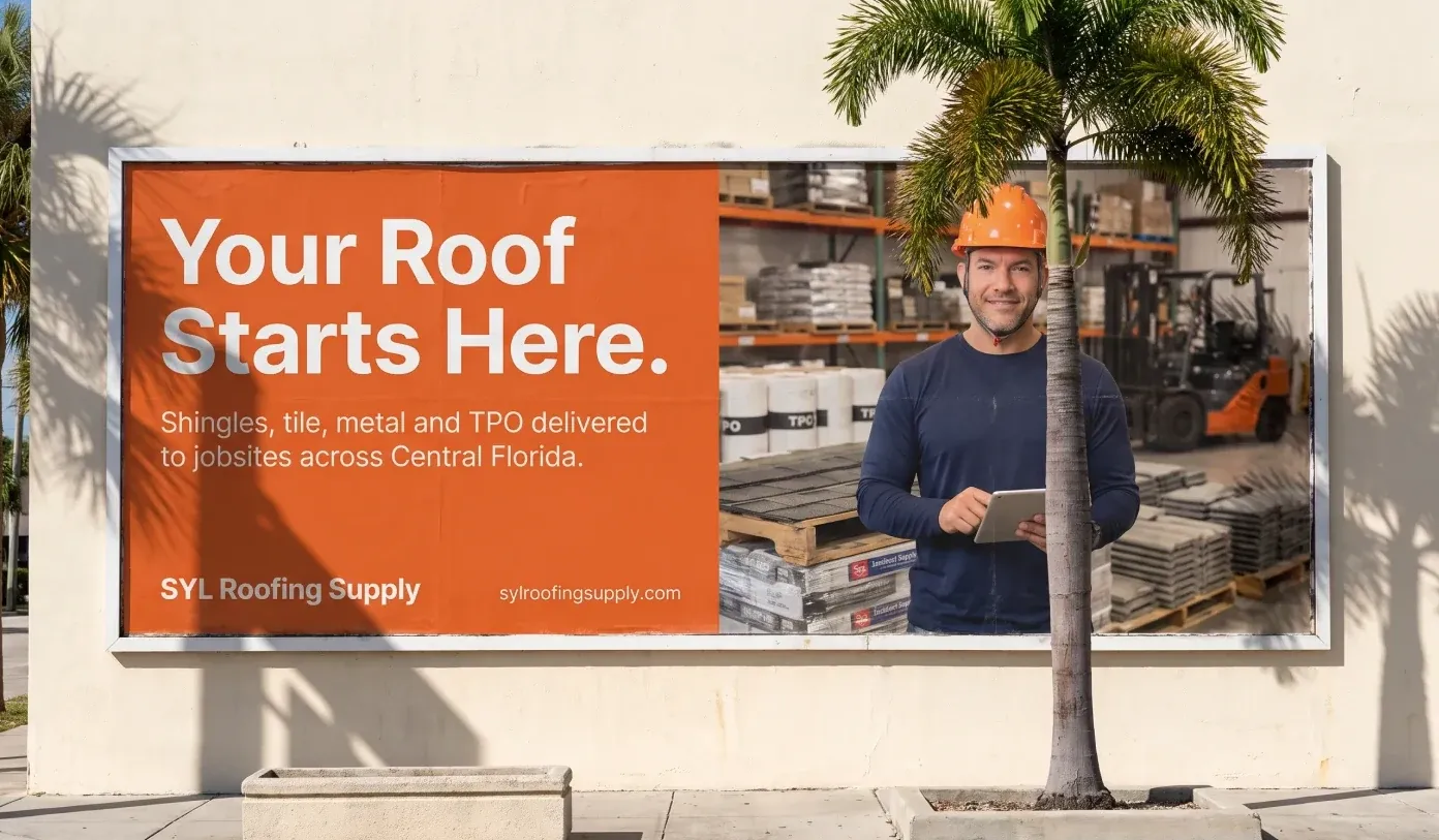 Valla publicitaria «Your Roof Starts Here» con un instalador de SYL